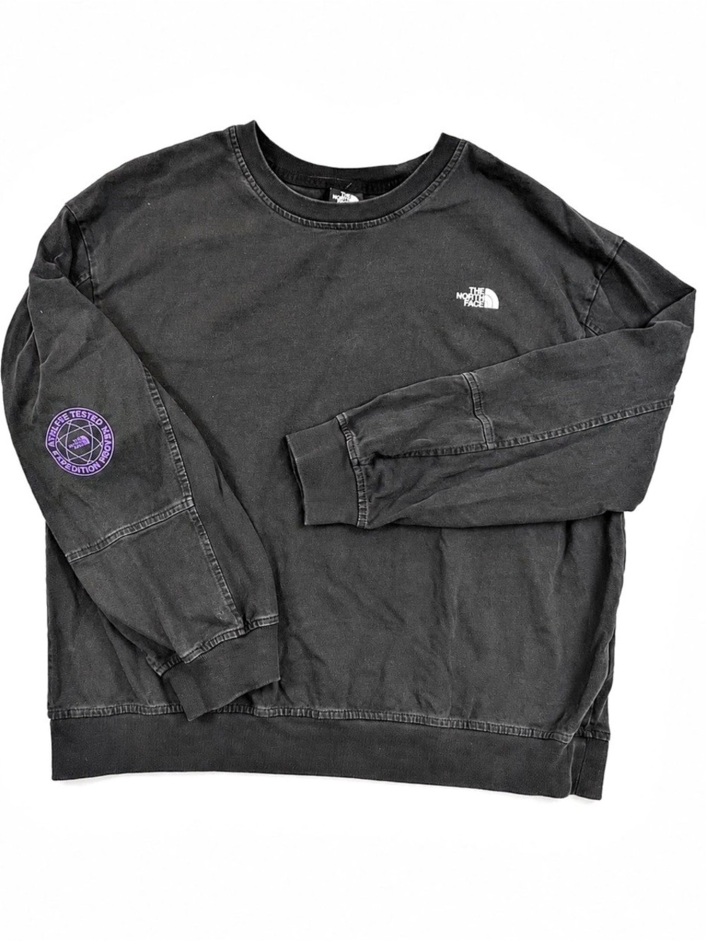 The North Face Washed Black Crewneck Sweatshirt Purple Sleeve Graphic Woman’s Lg